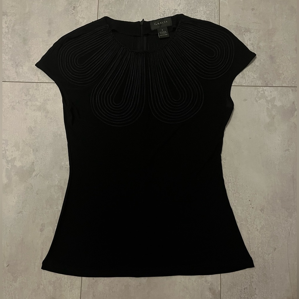 Gracia Top Black Sheer Gauze Soutache Cap Sleeve Blouse Back Zip Women's Size S